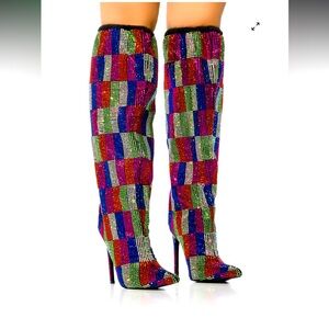 YOKI Rhinestone checkered boots. Multi color NEW